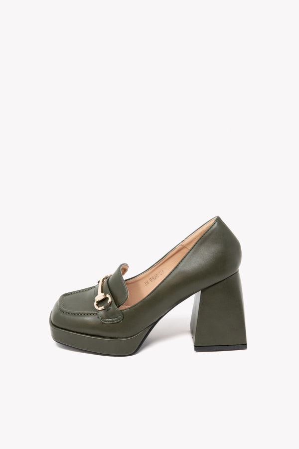 JM-9820 MOCASSINO OLIVA CON MORSETTO ORO PLATEAU E TACCO 9
