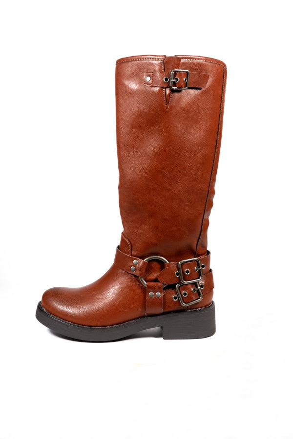 LQ97 ROUND SHAPE BIKER BOOTS WITH CAMEL BUCKLES