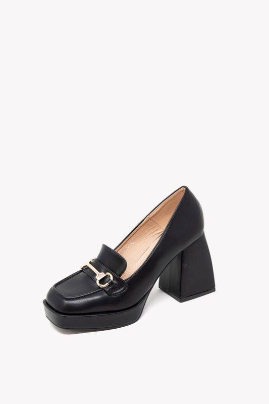 JM-9820 BLACK LOAFERS WITH GOLD PLATEAU CLAMP AND HEEL 9