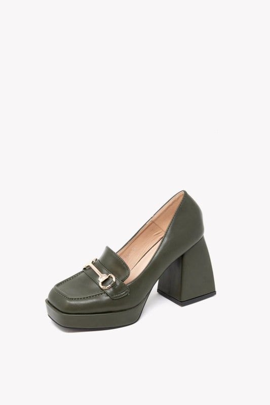 JM-9820 OLIVE LOAFERS WITH GOLD PLATEAU CLAMP AND HEEL 9